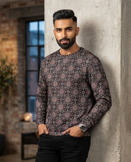 Model wearing ajrak print crewneck