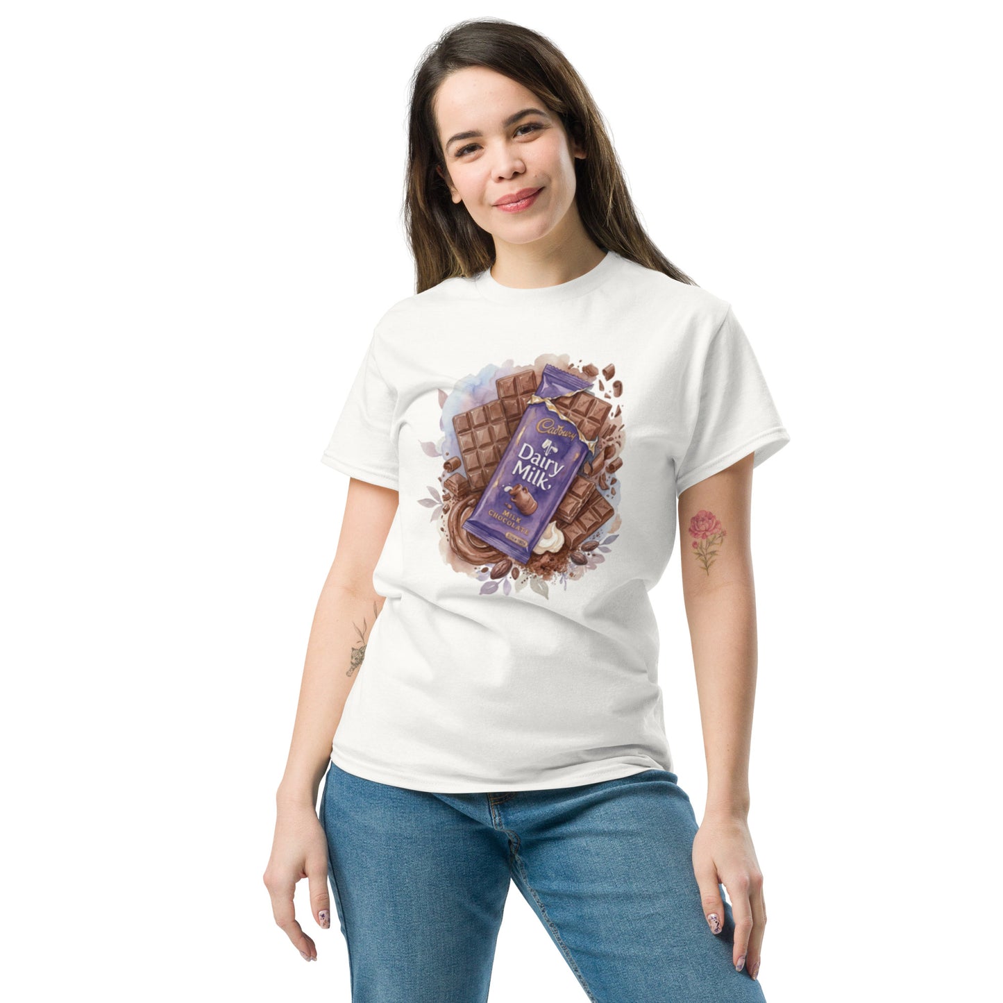 Model wearing cadbury inspired vintage tee