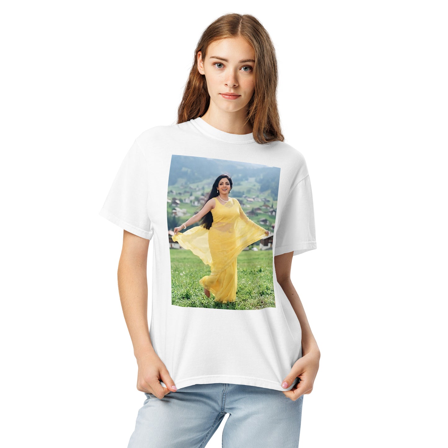 Model wearing Sridevi Chandni inspired Bollywood poster tee