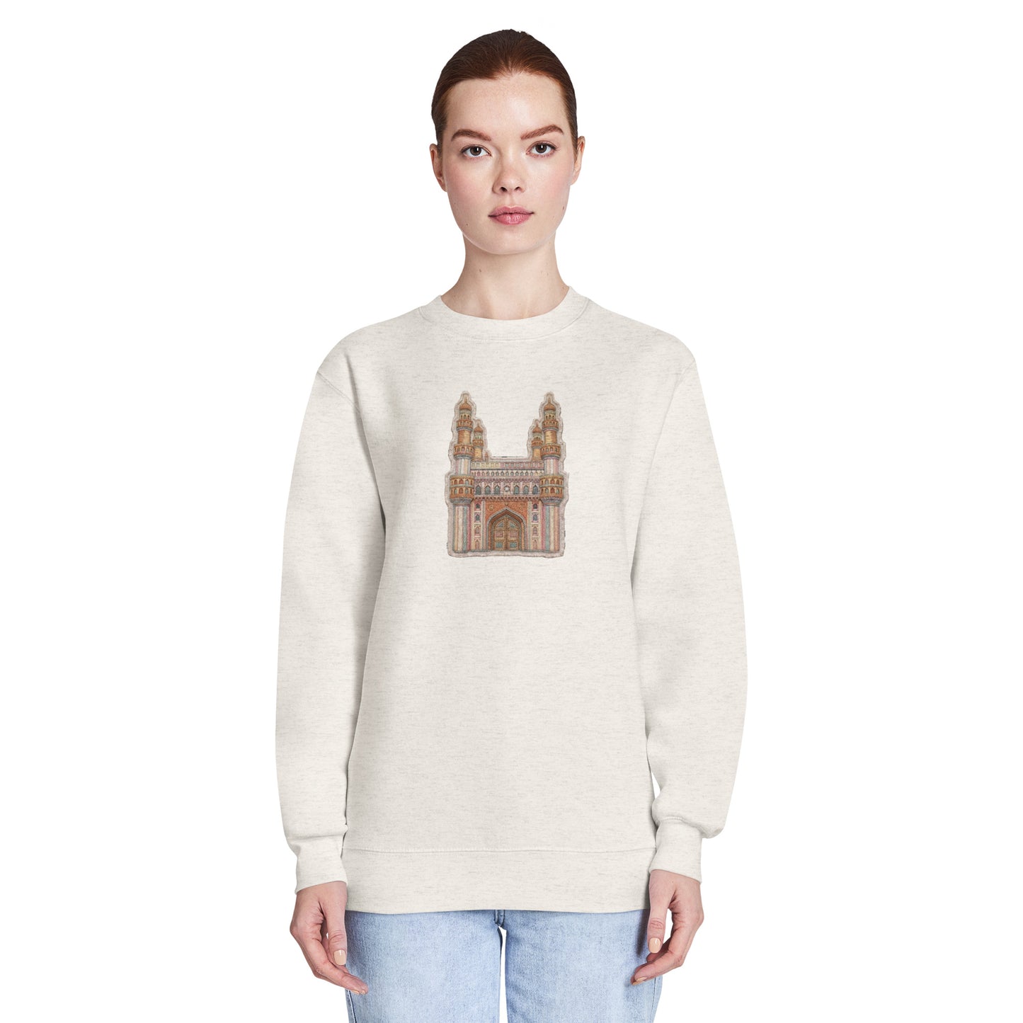 Model wearing Hyderabad Charminar inspired unisex crewneck