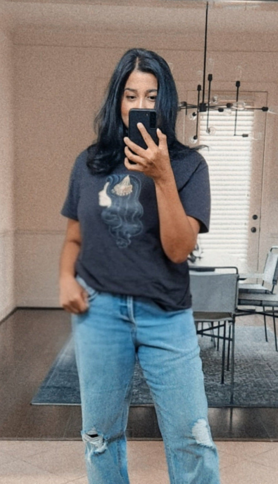 Model wearing jhoomar print graphic tee