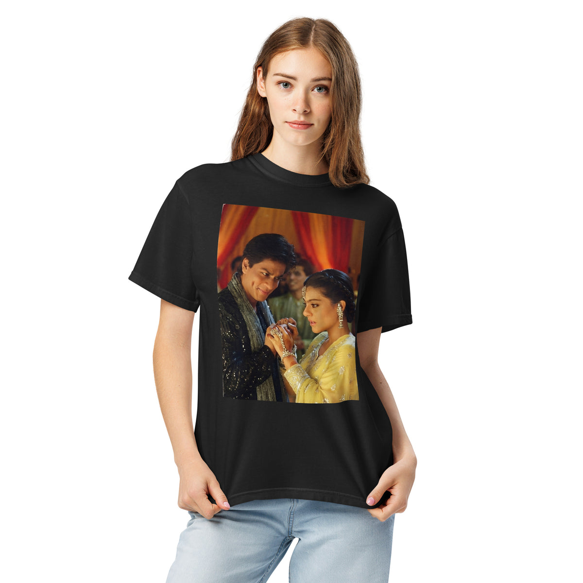 Model wearing k3g srk kajol bollywood poster tee