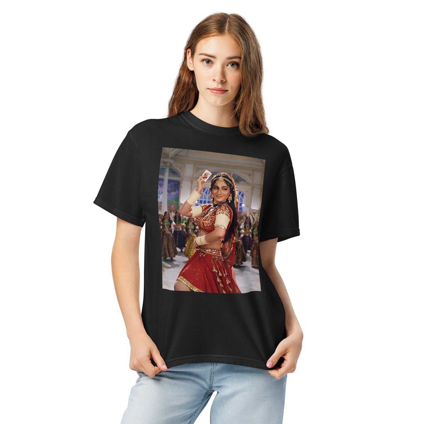 Model wearing Madhuri choli ke peeche inspired Bollywood poster tee