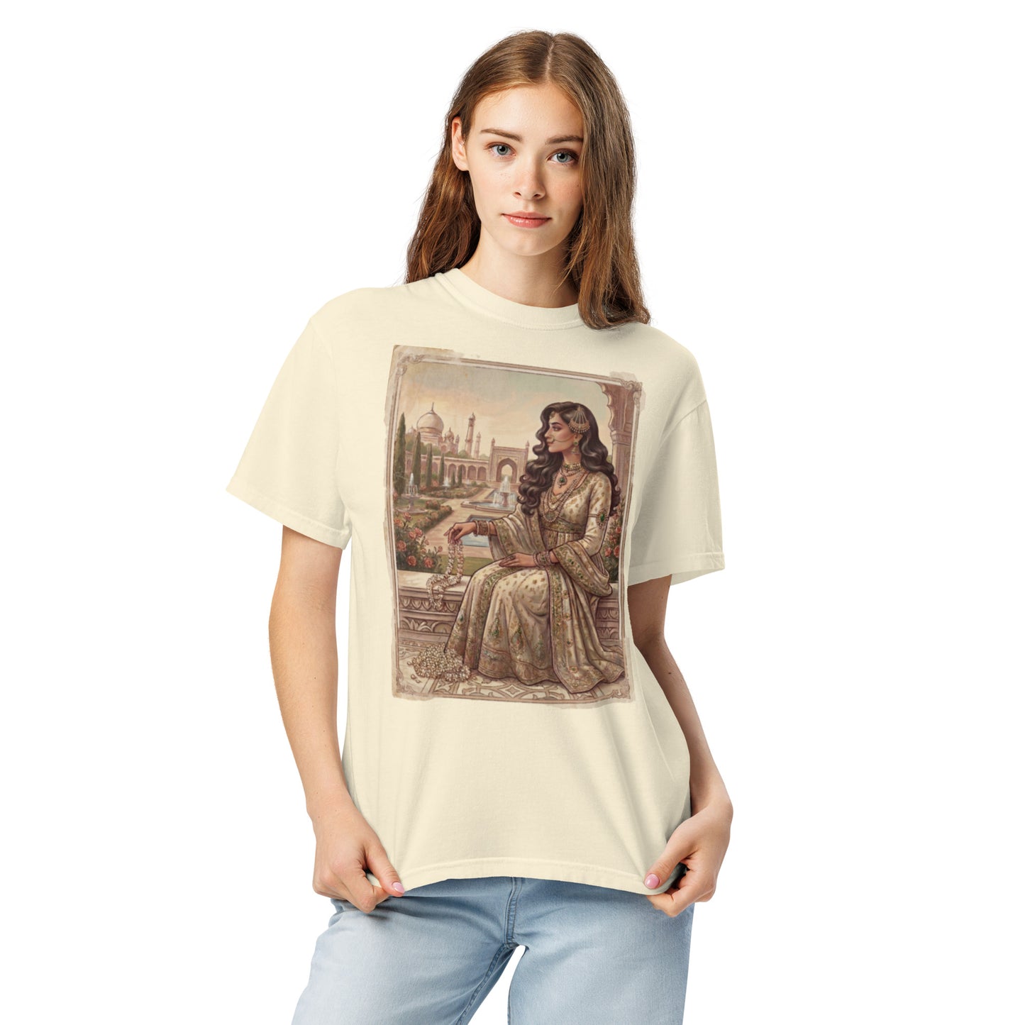 Model wearing nizam print poster tee
