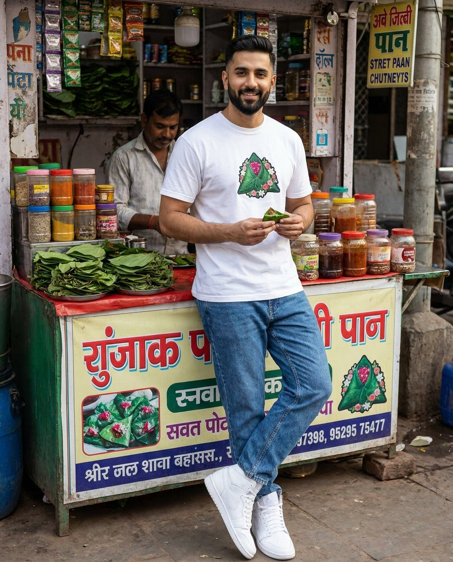 Model wearing paan inspired graphic tee