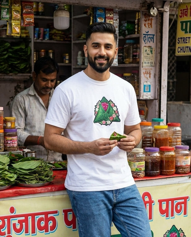 Model wearing paan inspired graphic tee