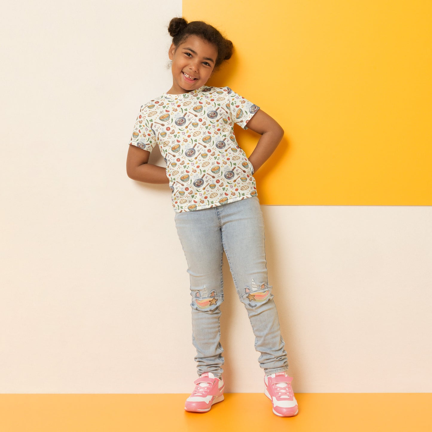 Model wearing tadka daal print little kids tee