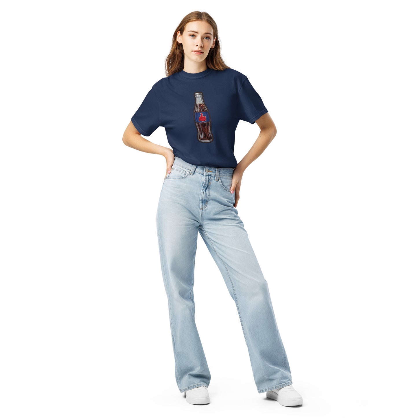 Model wearing Thums Up print graphic tee