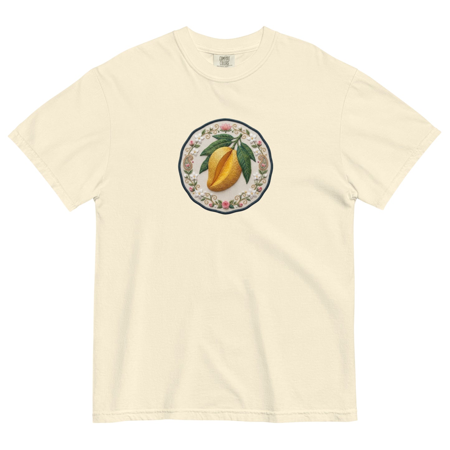 Front view of aam mango print graphic tee