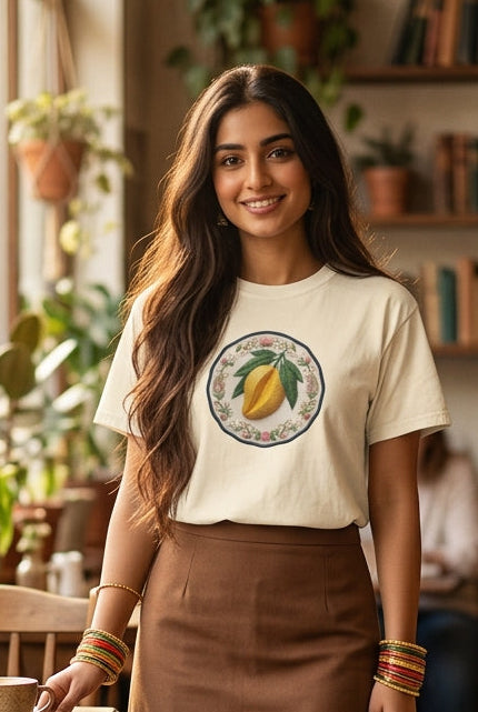Model wearing aam inspired graphic tee
