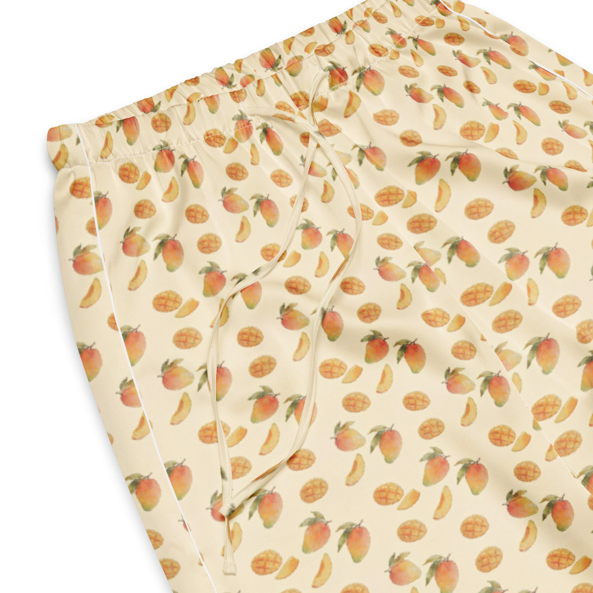 Closeup view of aam mango fruit print pajama bottoms inspired by South Asian nostalgia and heritage