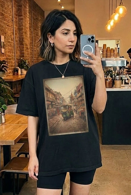 Model wearing auto rikshaw inspired poster tee