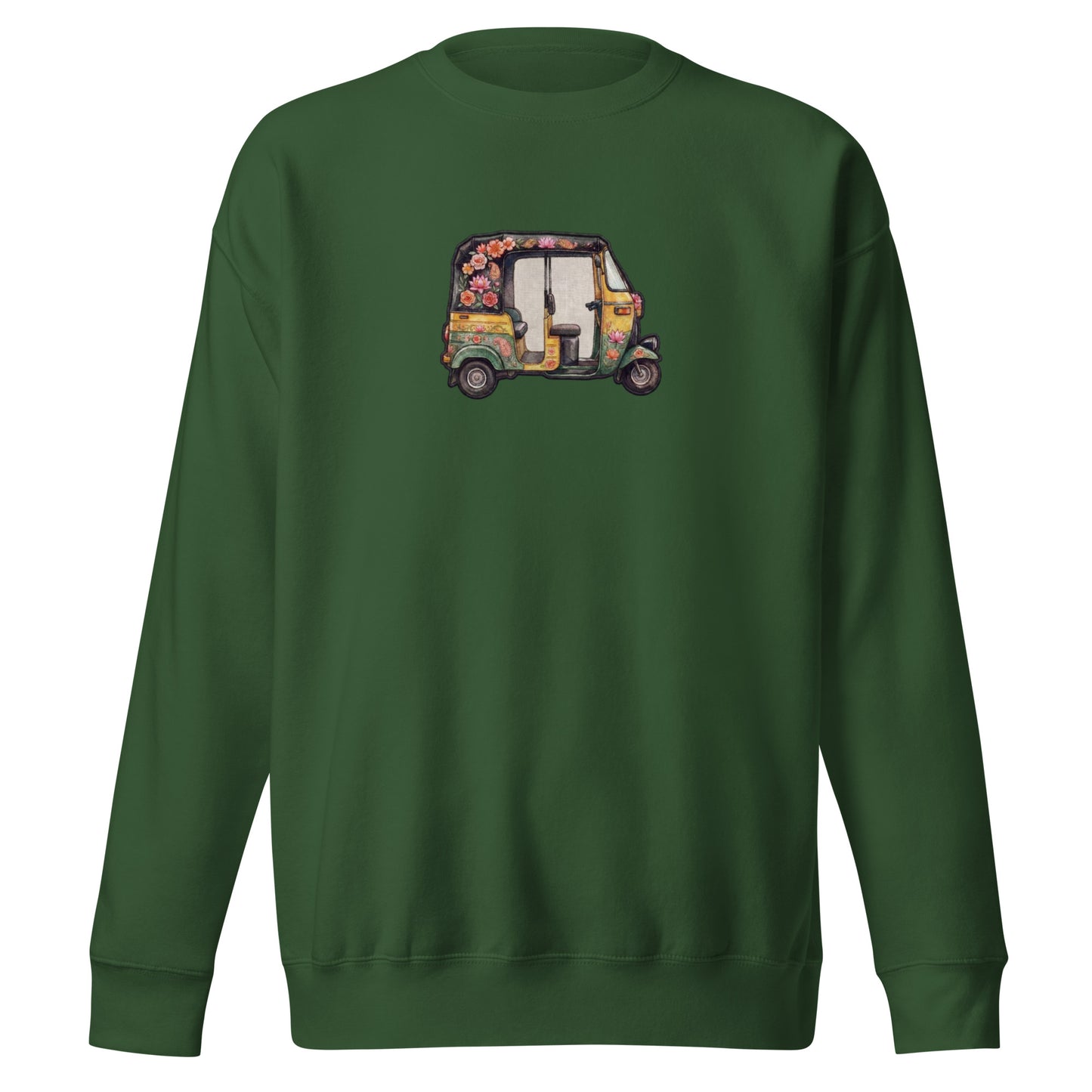 Front view of auto rikshaw inspired unisex crewneck