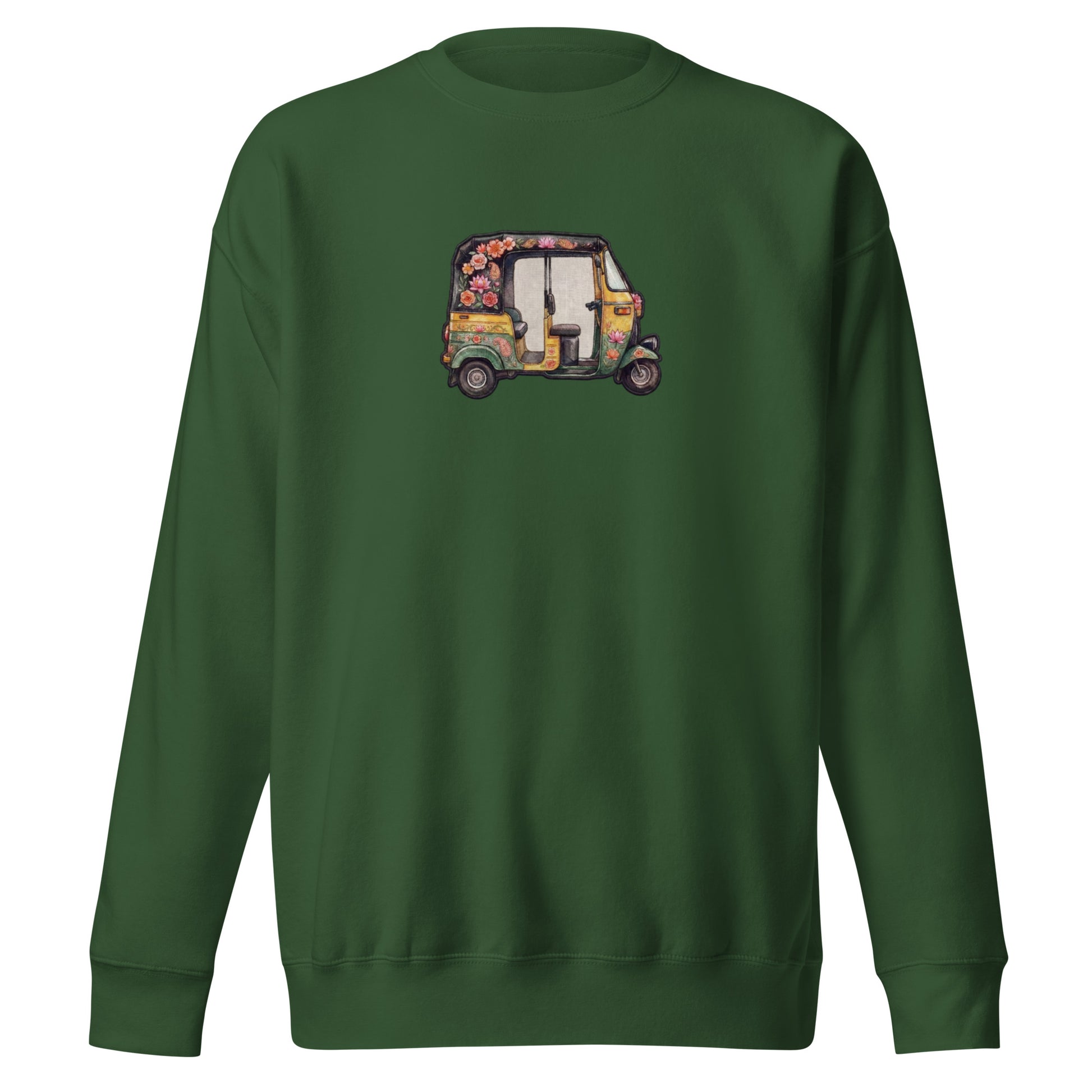 Front view of auto rikshaw inspired unisex crewneck