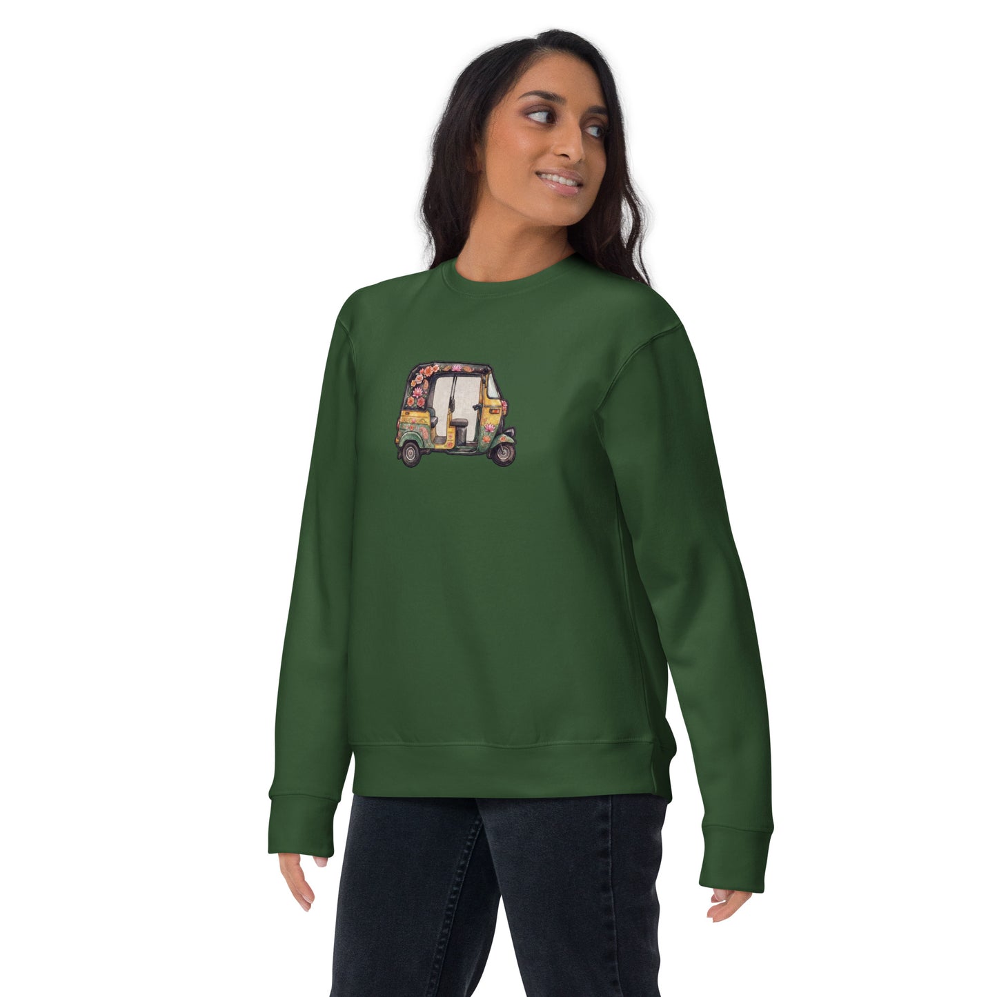 Model wearing auto rikshaw inspired unisex crewneck