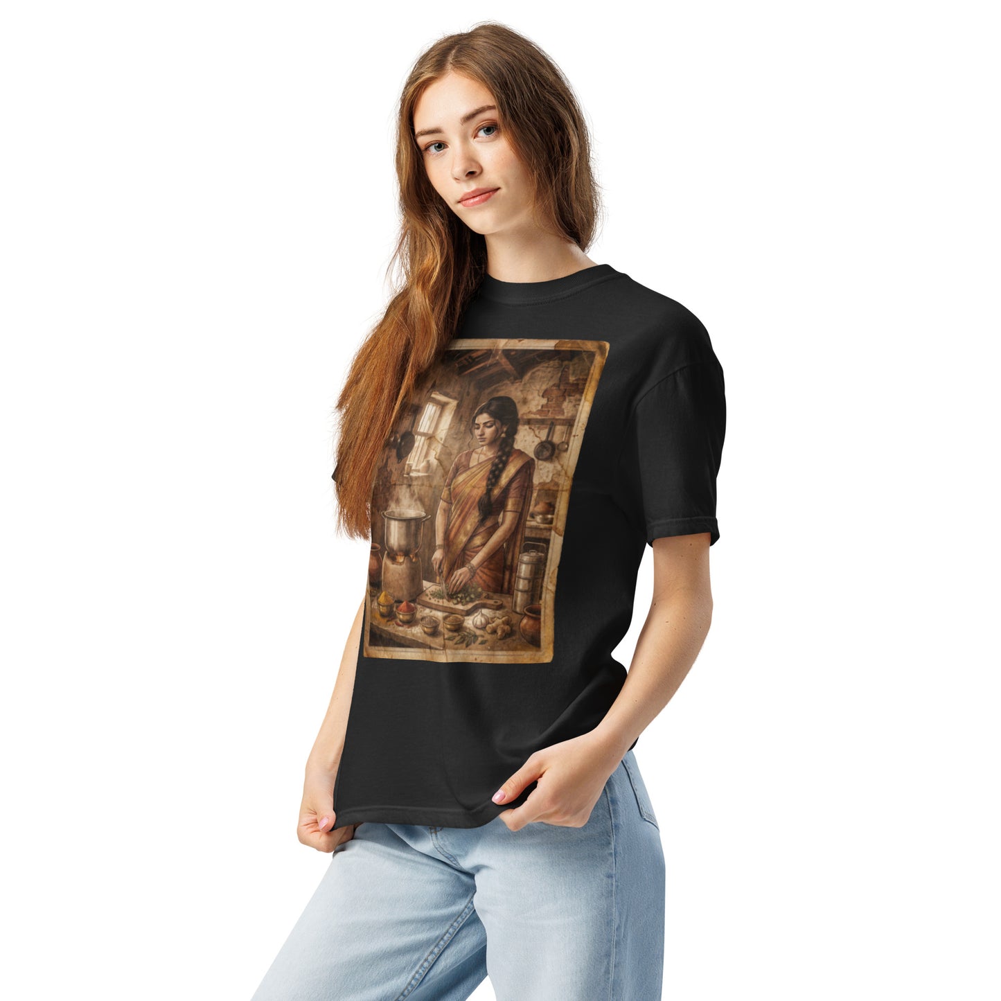 Model wearing begum bawarchi print poster tee