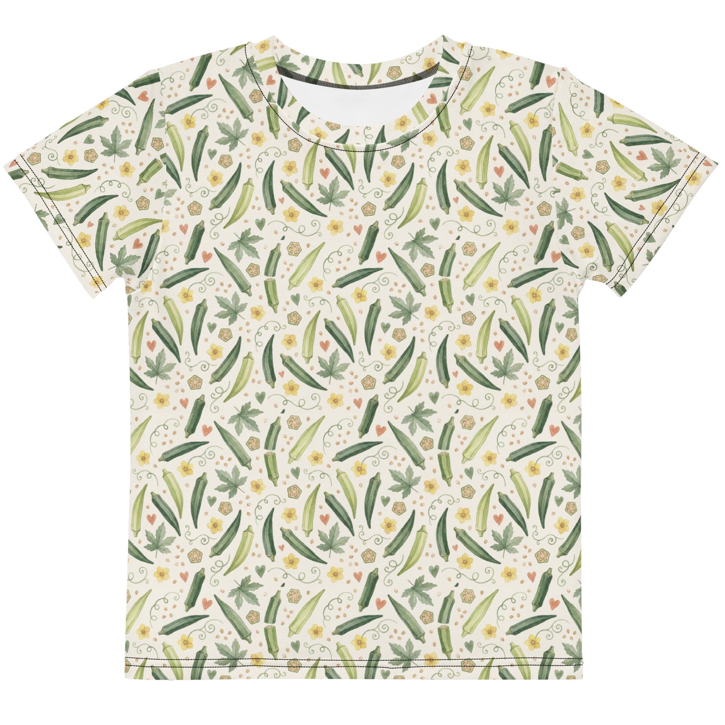 Front view of bhindi print little kids tee.