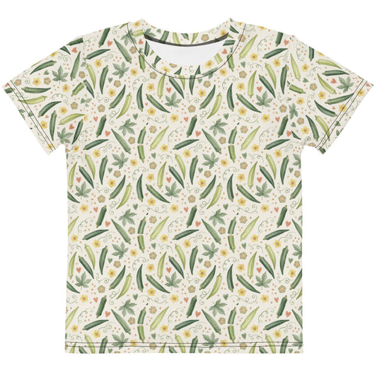Front view of bhindi print little kids tee.