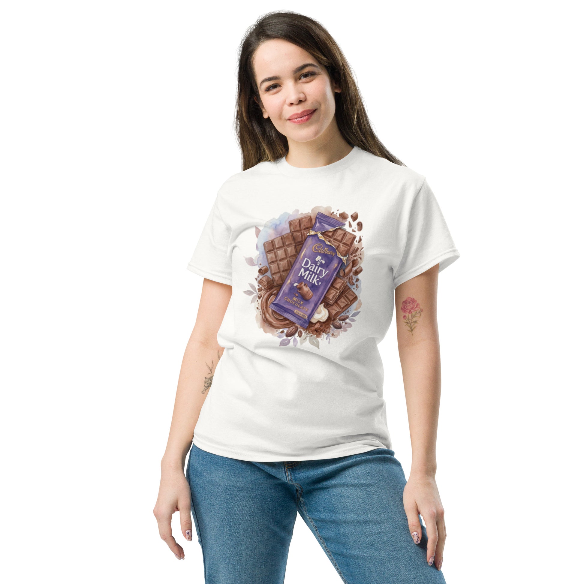 Model wearing cadbury inspired vintage tee