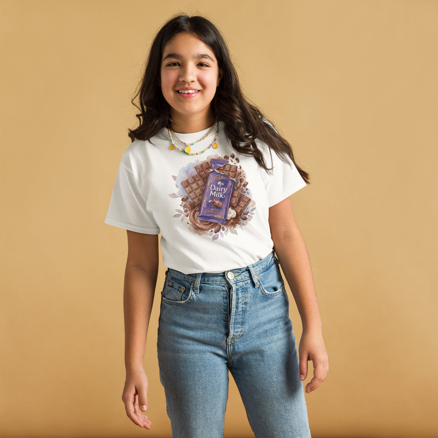 Model wearing Cadbury inspired youth tee