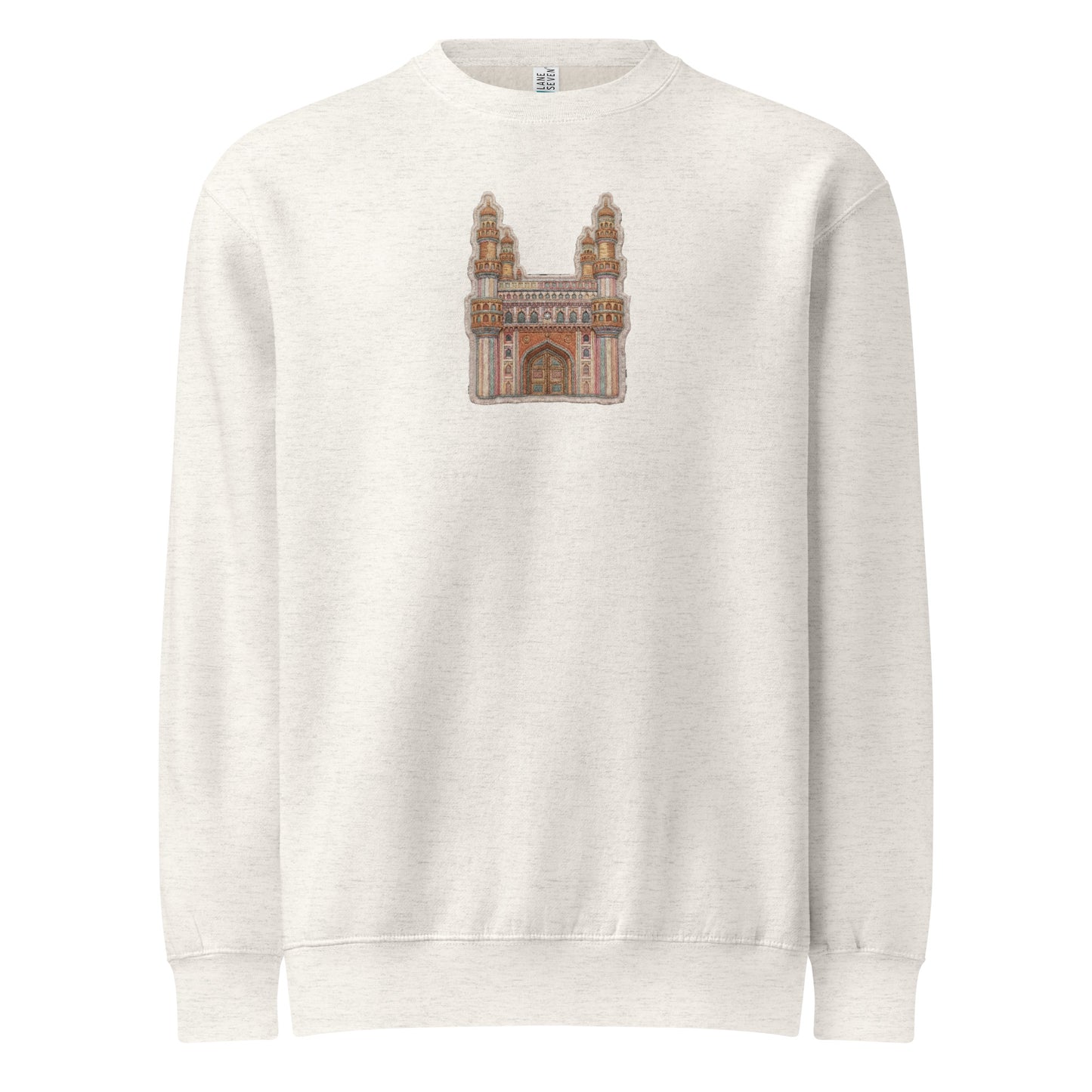 Front view of Hyderabad Charminar inspired unisex crewneck