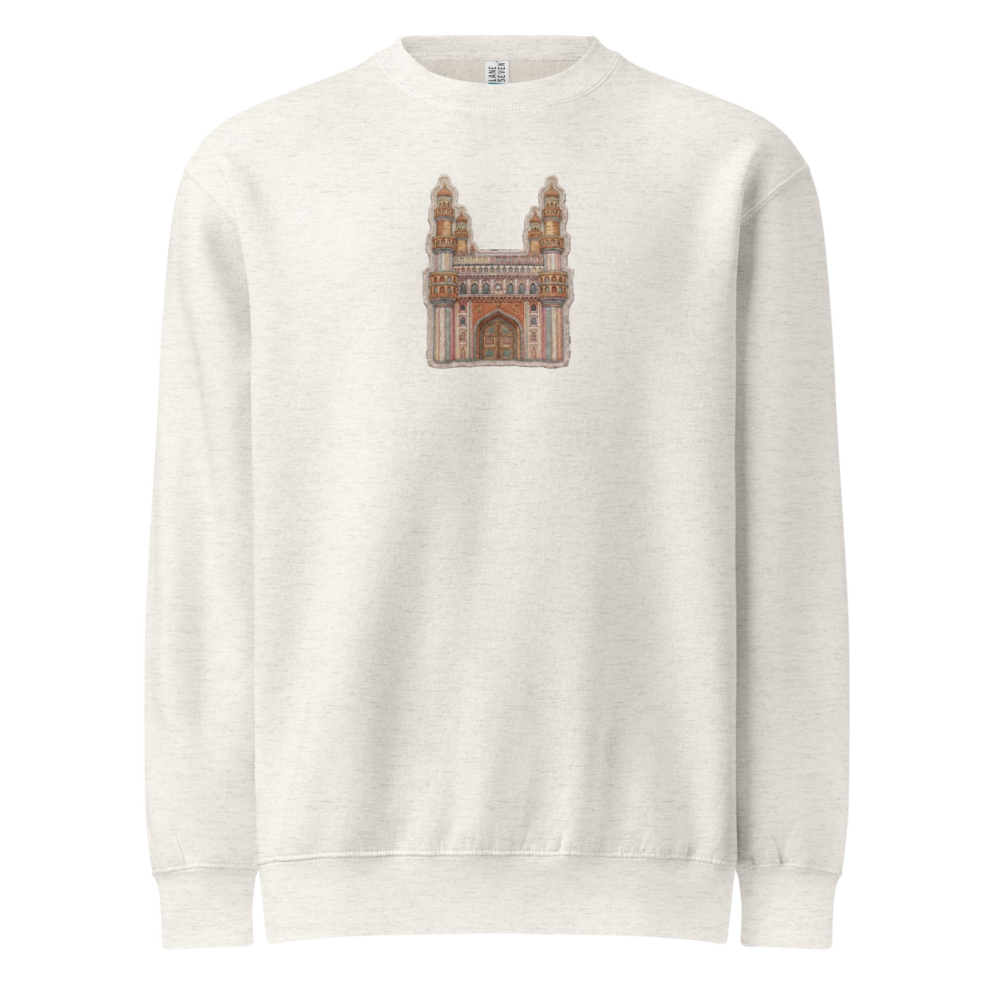 Front view of Hyderabad Charminar inspired unisex crewneck