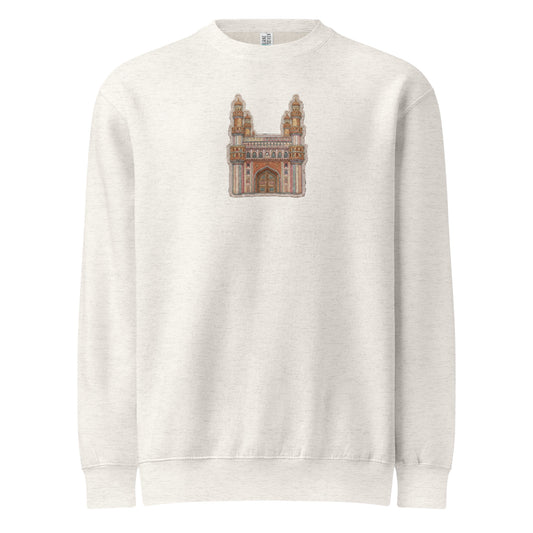Front view of Hyderabad Charminar inspired unisex crewneck