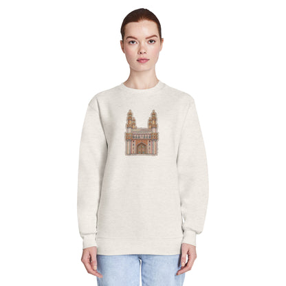 Model wearing Hyderabad Charminar inspired unisex crewneck
