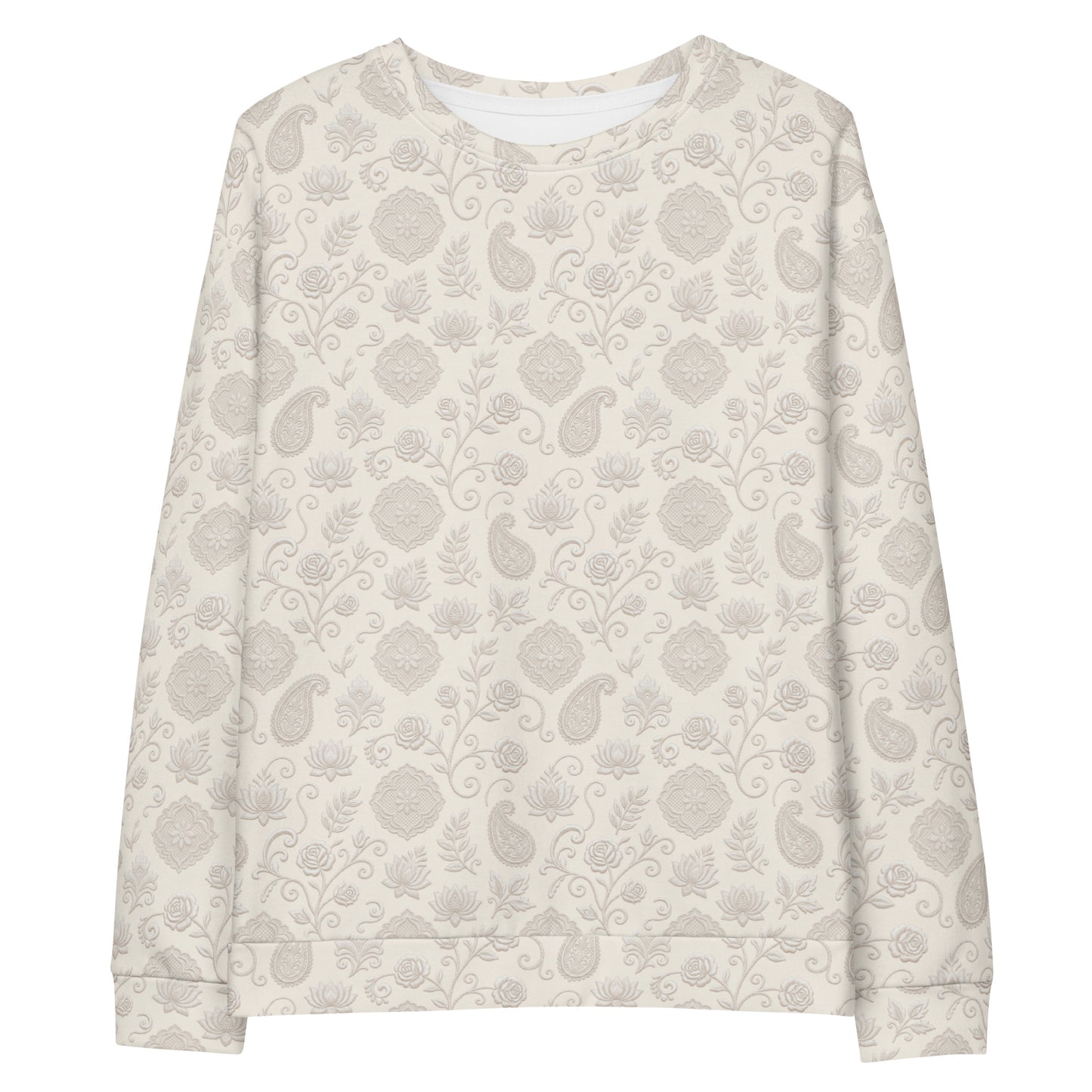 Front view of chikankari inspired crewneck