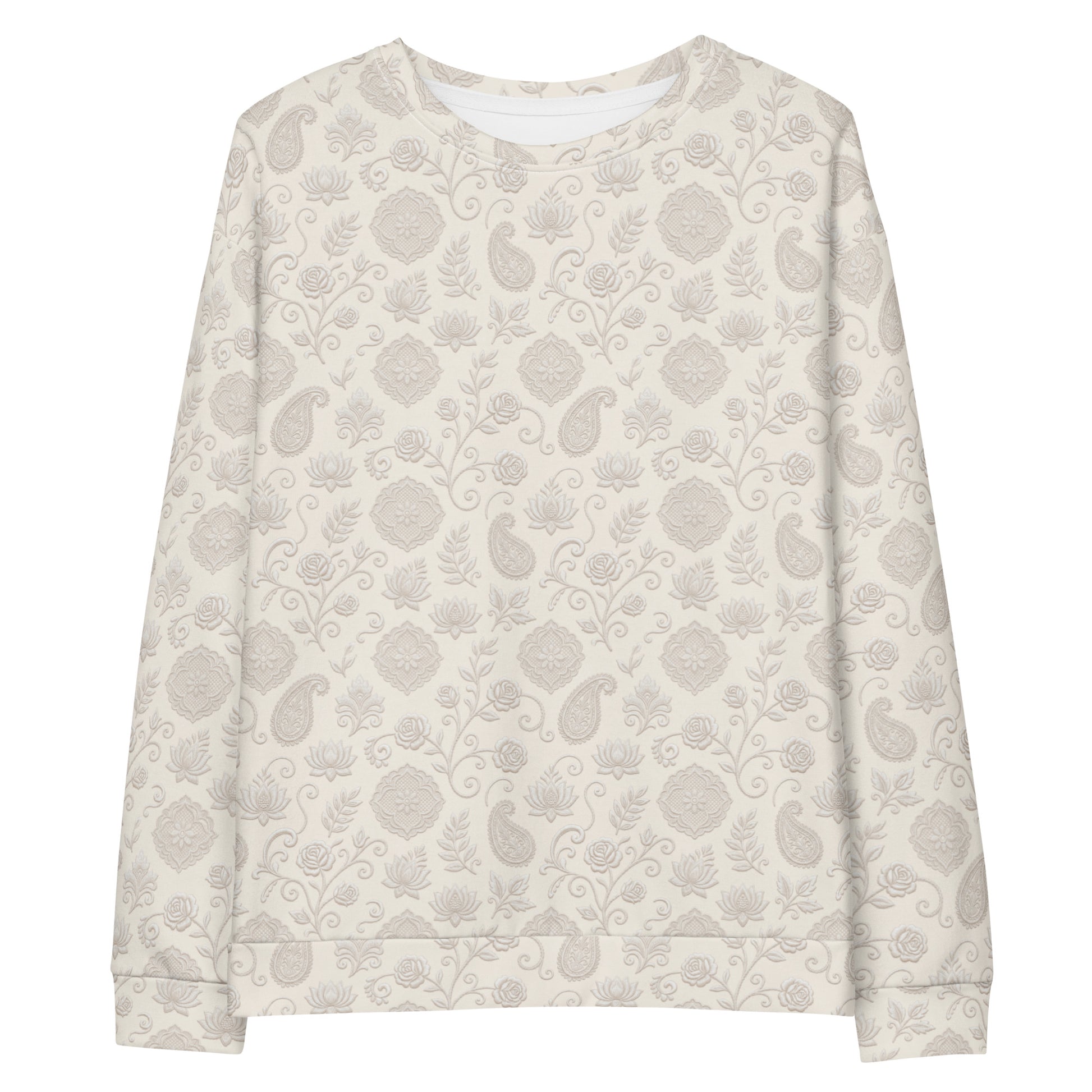 Front view of chikankari inspired crewneck