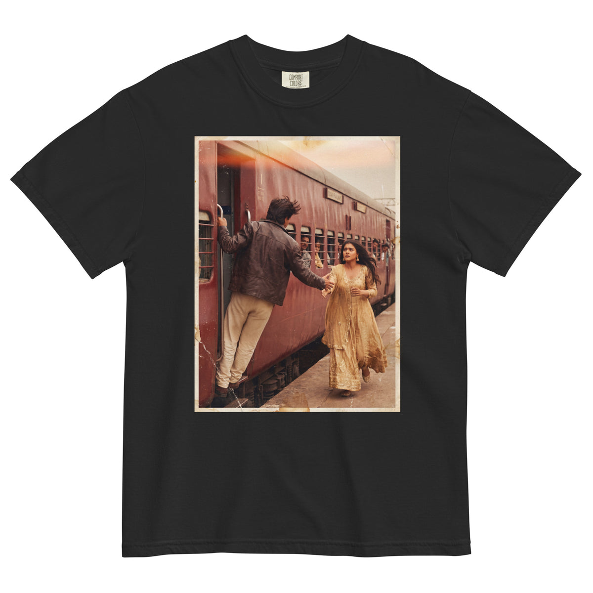 Front view of ddlj train scene bollywood poster tee