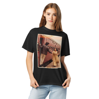 Model wearing ddlj train scene bollywood poster tee