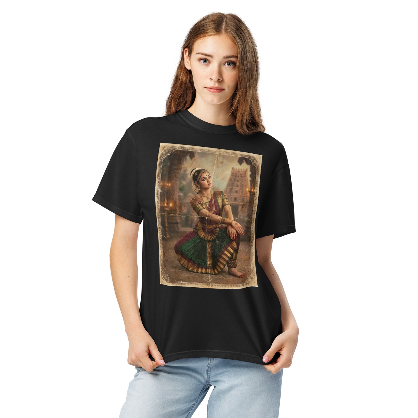 Model wearing classical indian dancer inspired poster tee