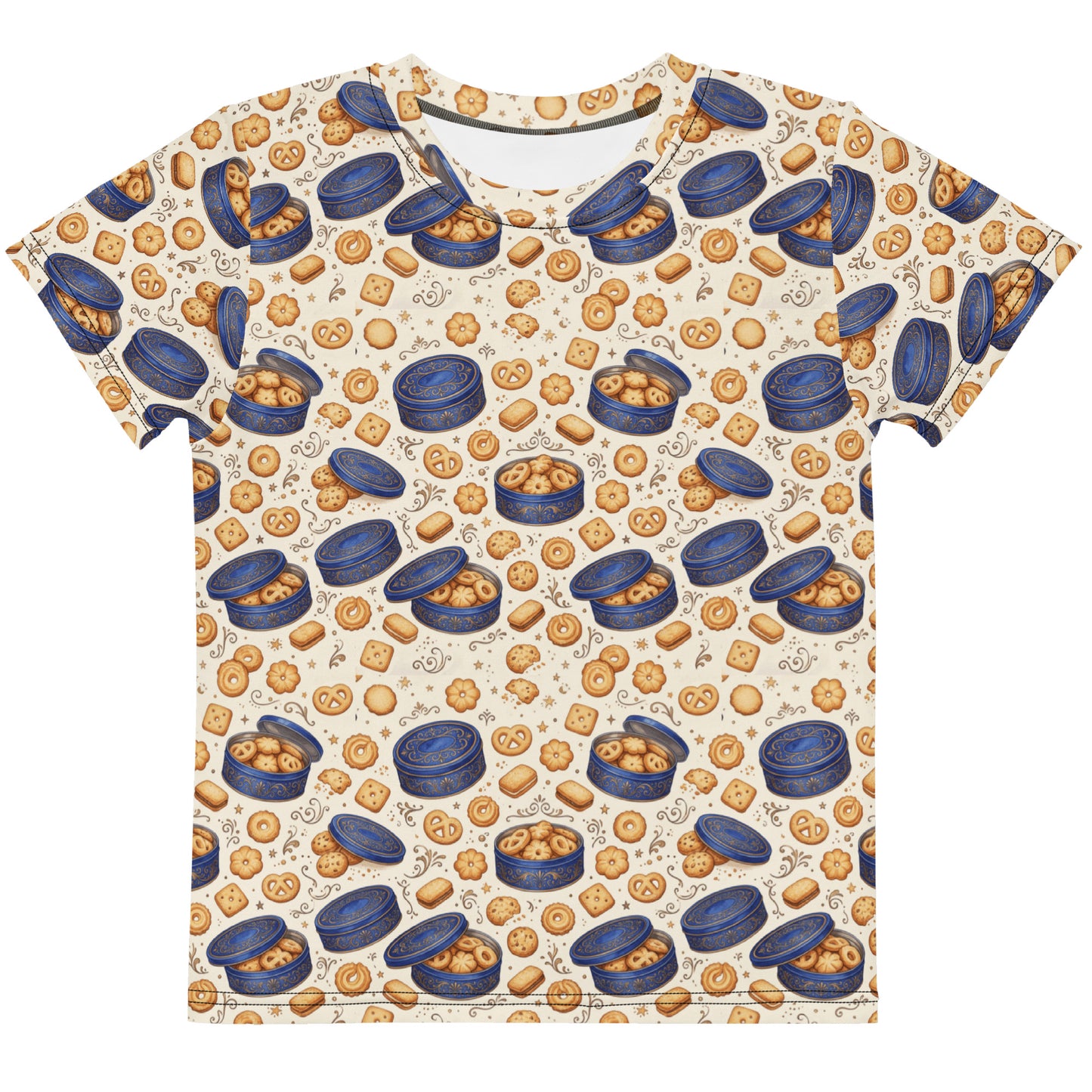Front view of danish butter cookie tin kids tee