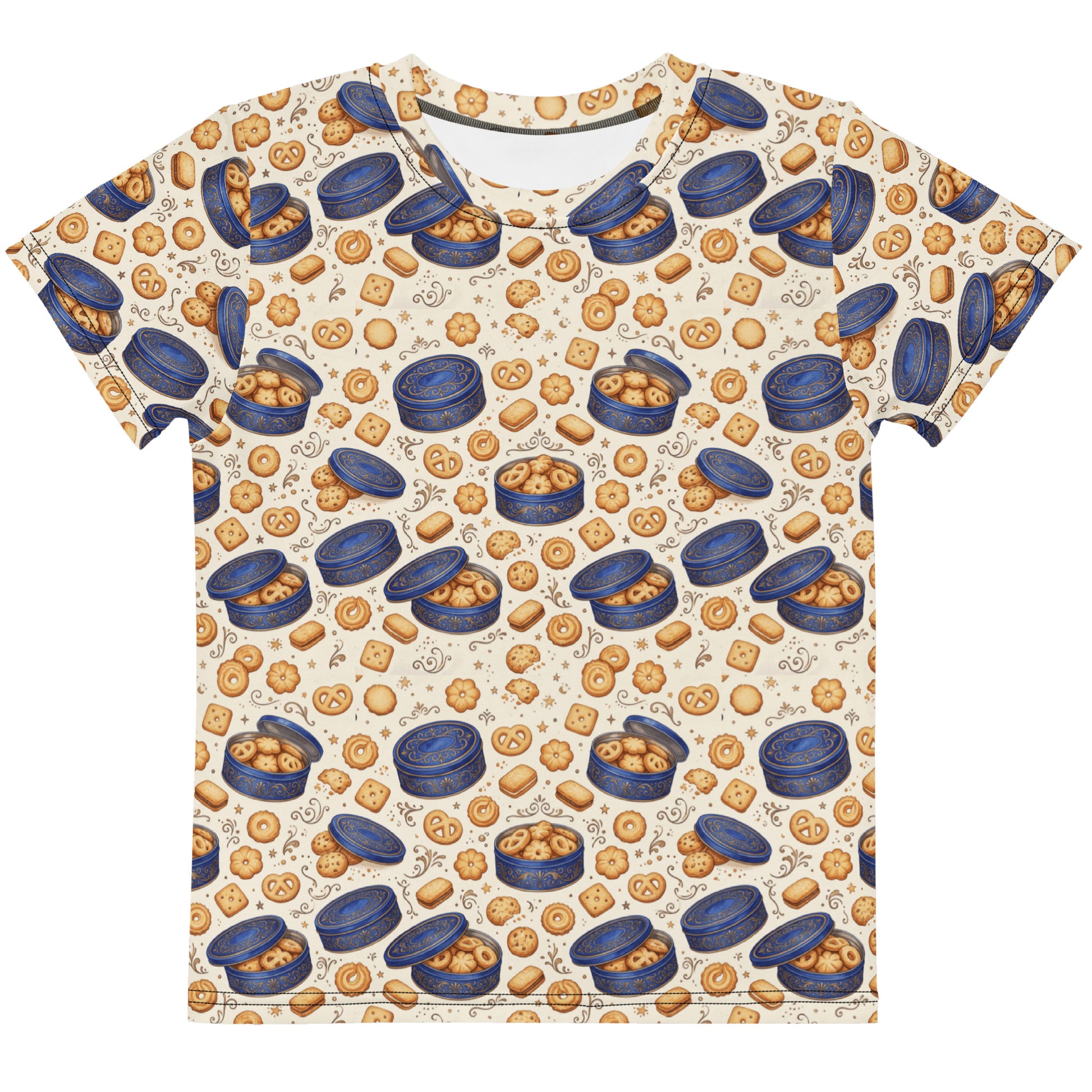 Front view of danish butter cookie tin kids tee