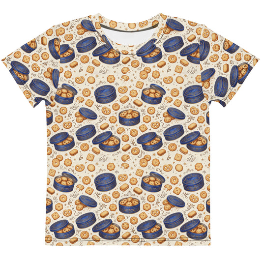 Front view of danish butter cookie tin kids tee
