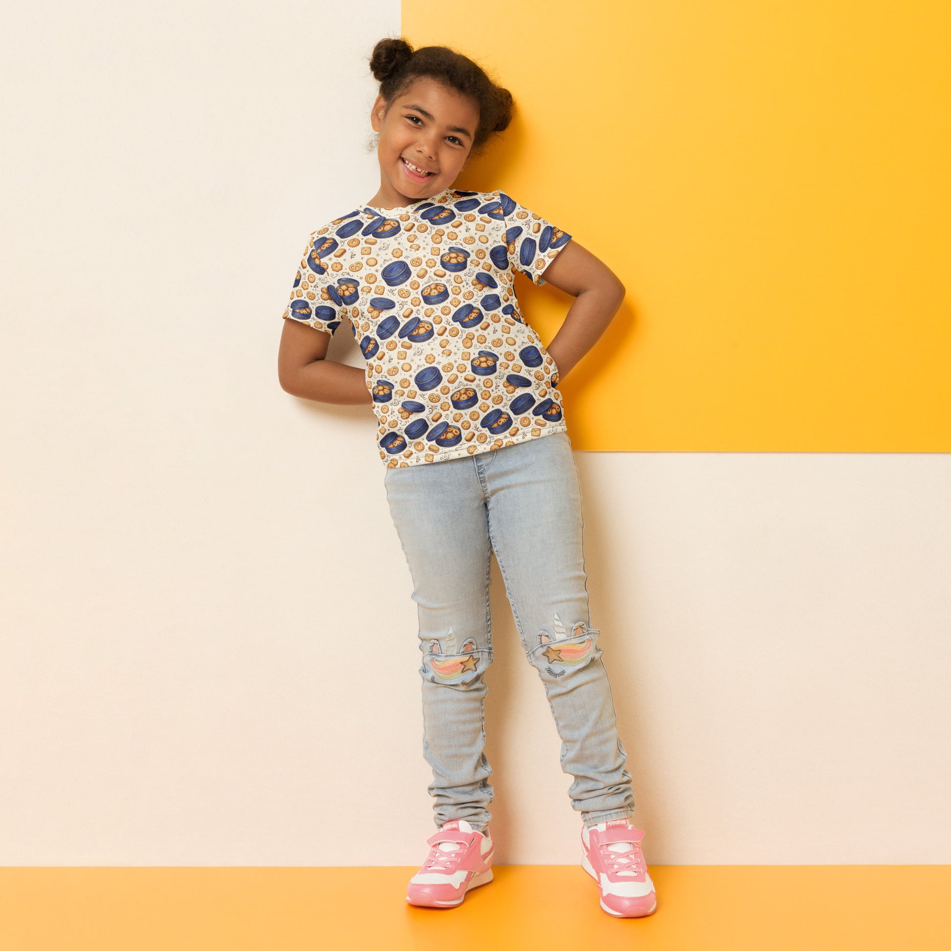 Lifestyle view of danish butter cookie tin kids tee