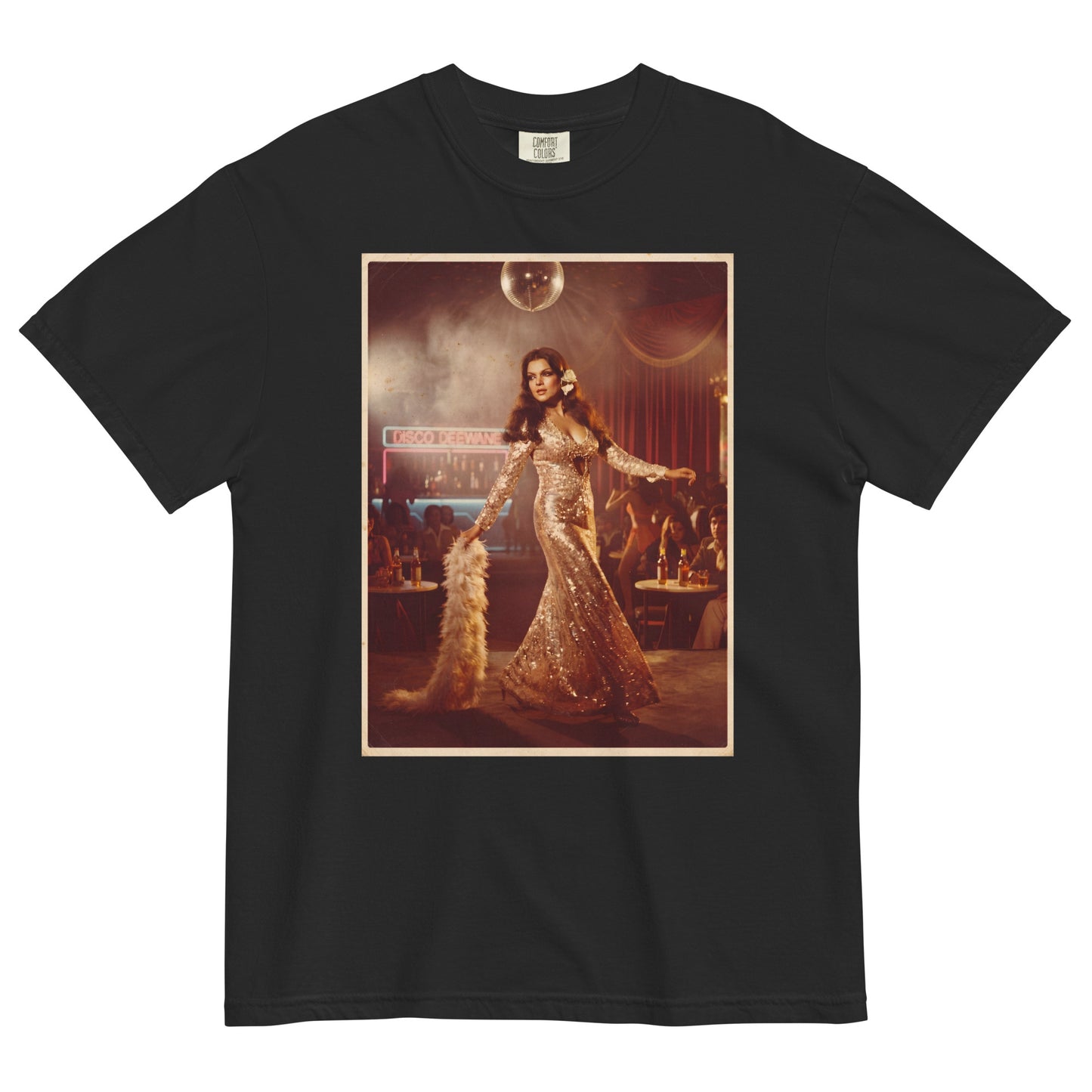 Front view of disco print Bollywood poster tee