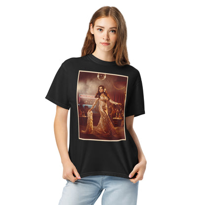 Model wearing disco print Bollywood poster tee