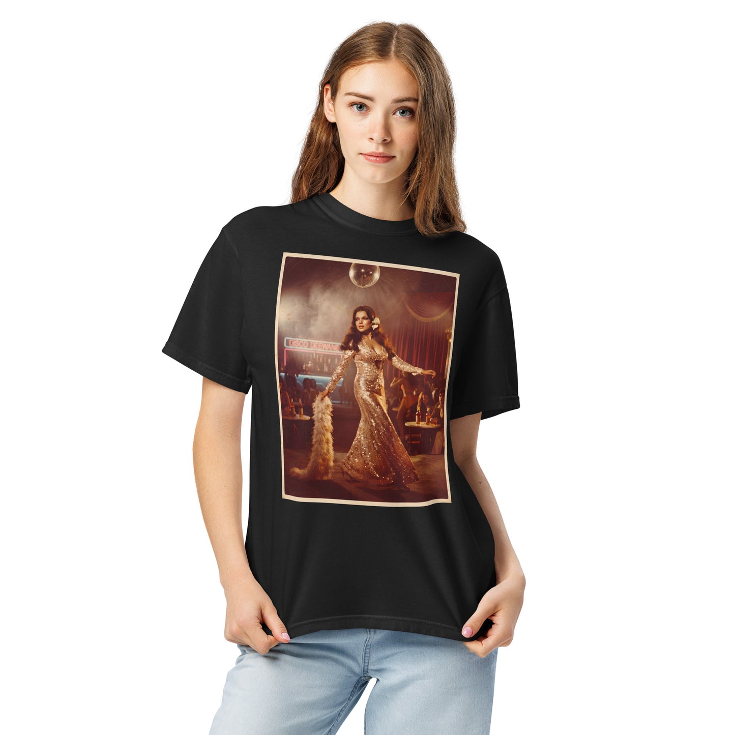 Model wearing disco print poster tee