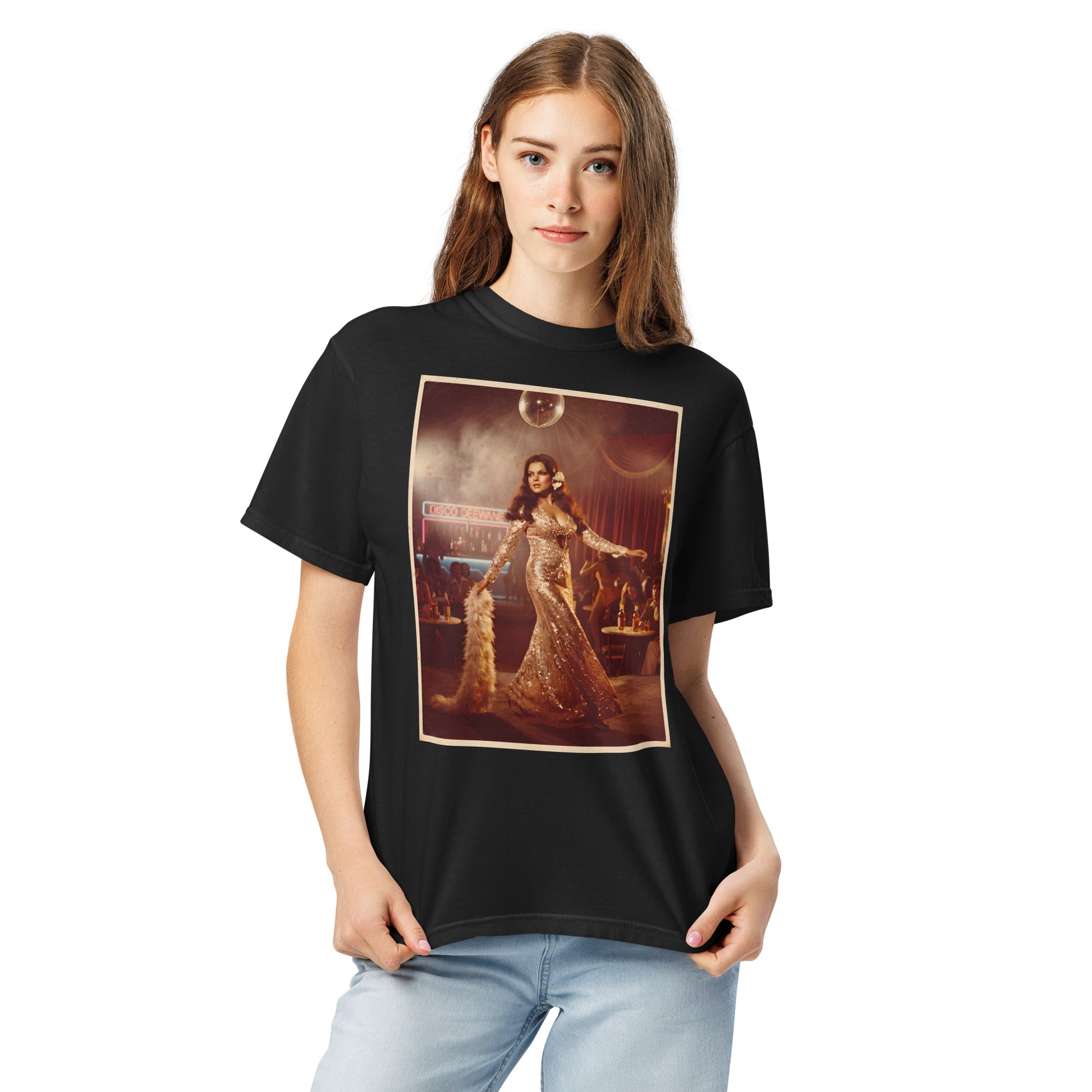 Model wearing disco print poster tee