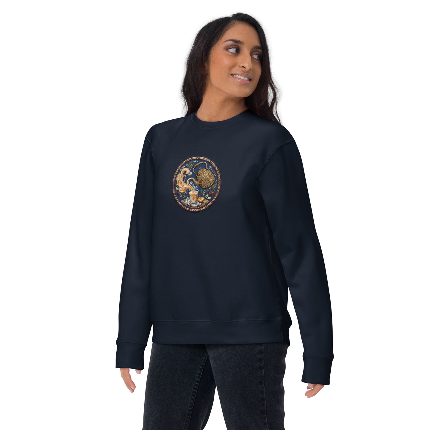 Model wearing doodh pati inspired unisex crewneck