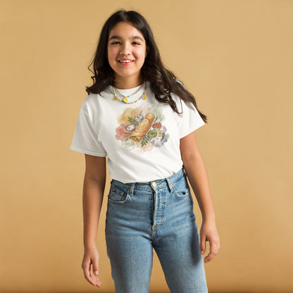 Model wearing dosa print youth tee