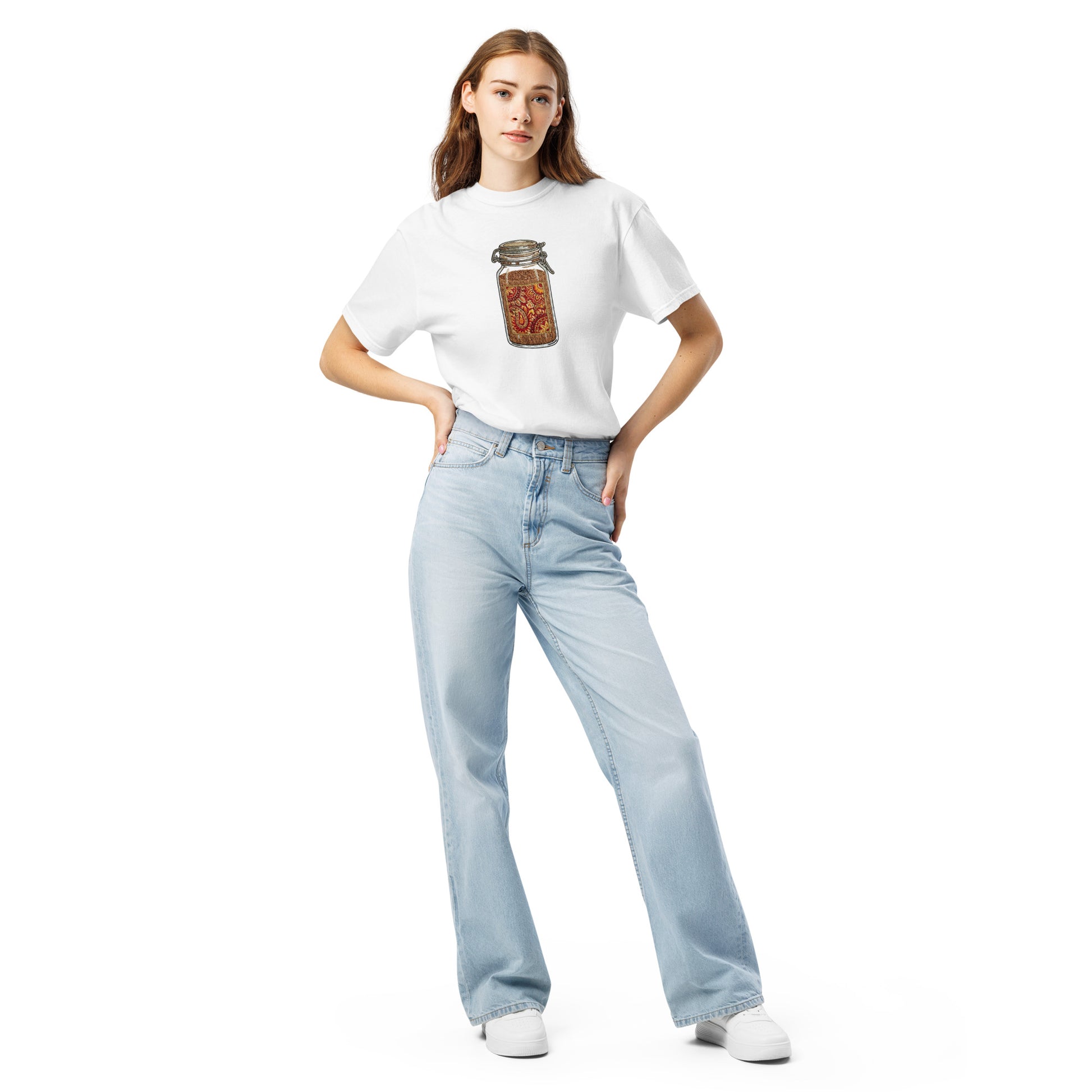 Model wearing garam masala inspired graphic tee