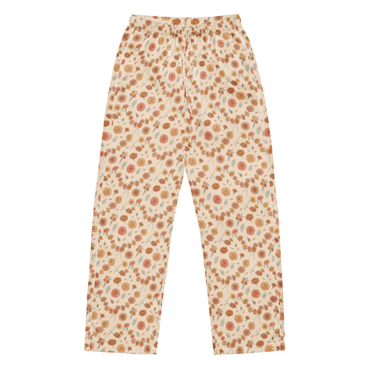 Front view of genda phool marigold print pajama bottoms inspired by South Asian nostalgia and heritage