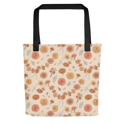 Front view of genda phool marigold print tote