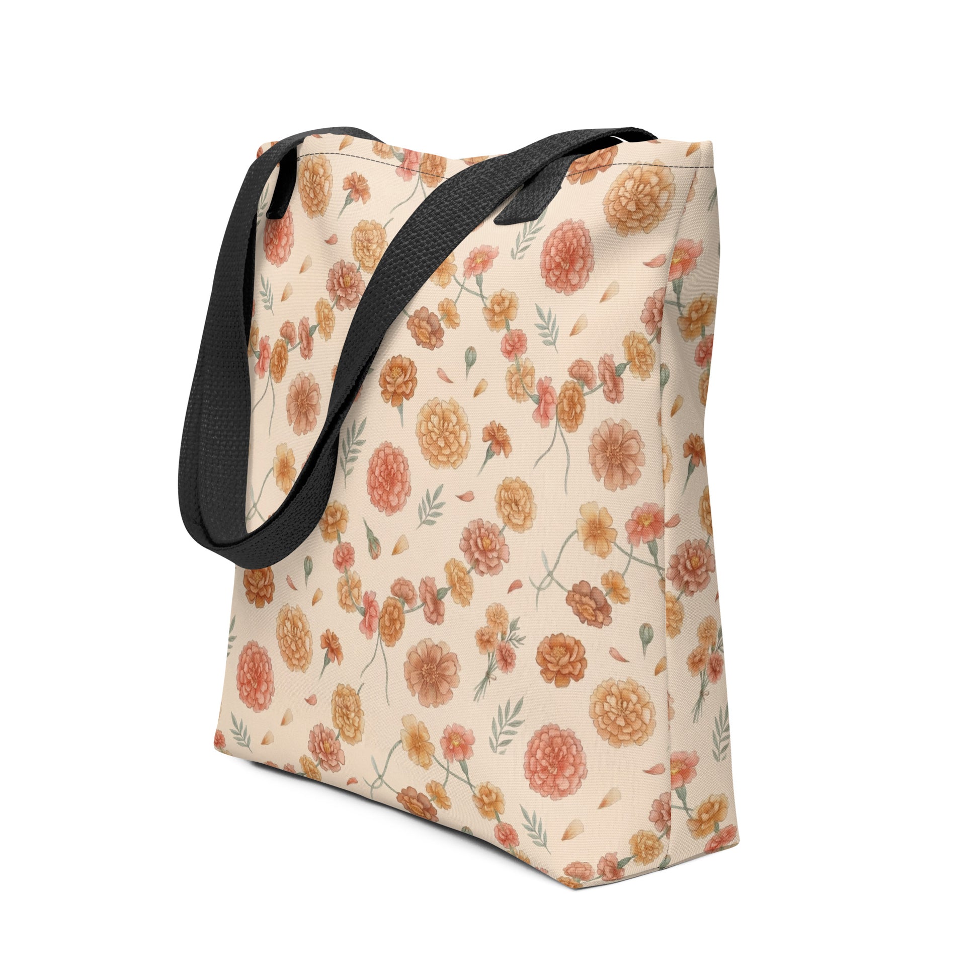 Side view of genda phool marigold print tote
