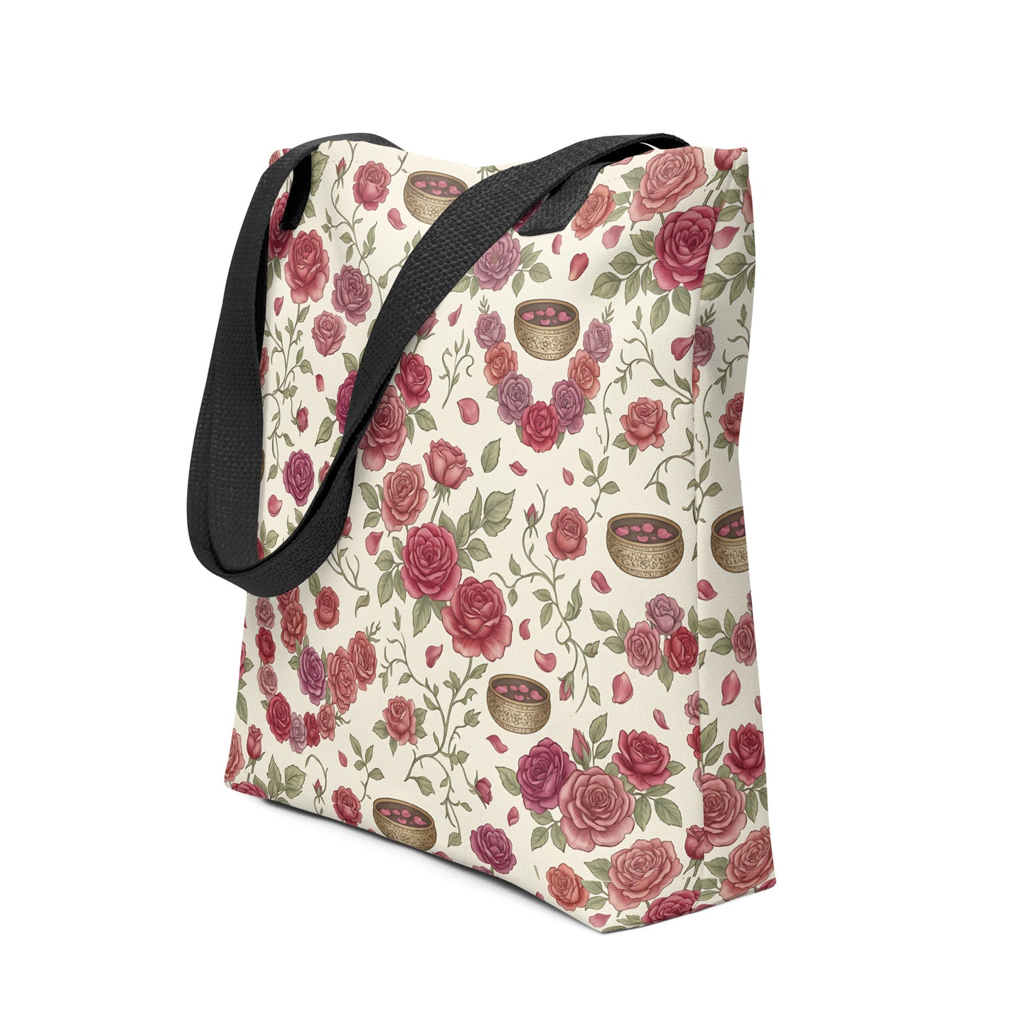 Side view of gulab rose print tote