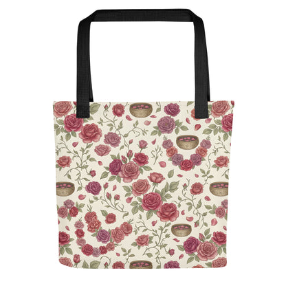 Front view of gulab rose print tote
