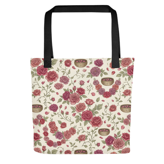 Front view of gulab rose print tote